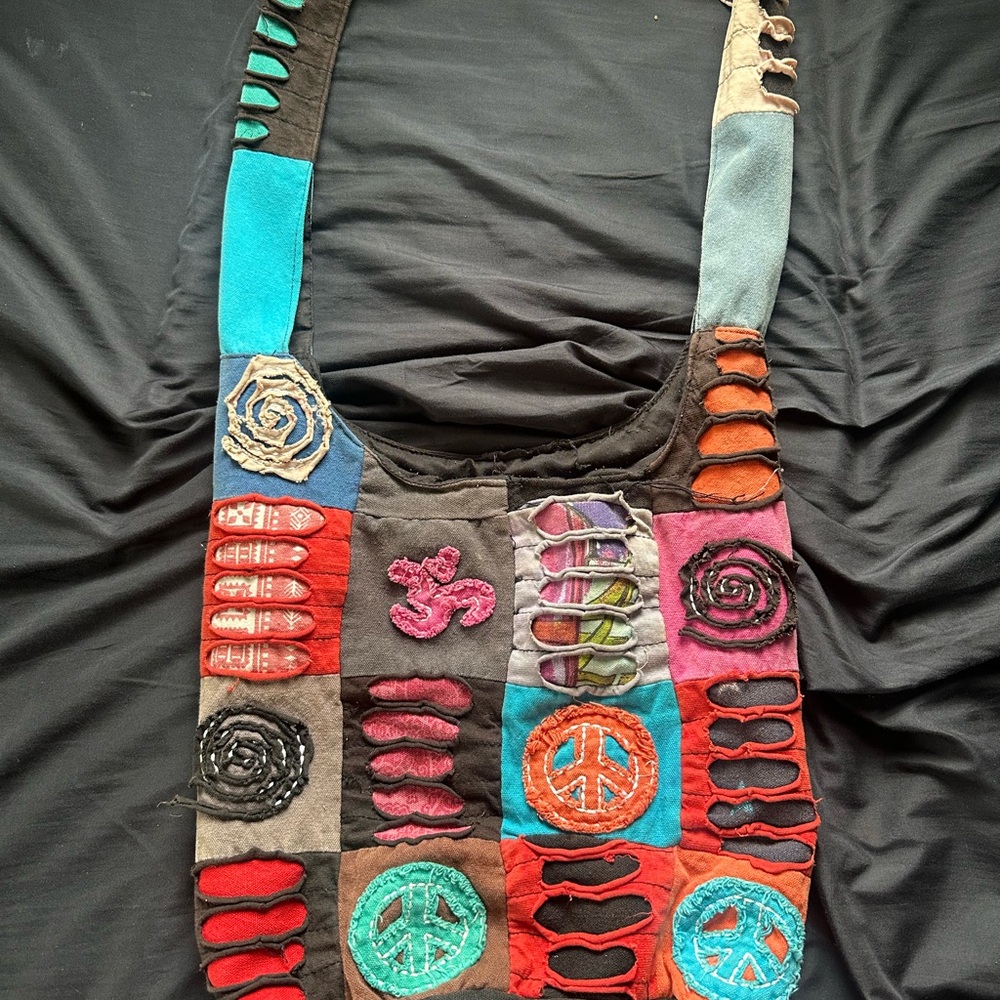 Colorful Red and Blue Tote Bag with Patchwork Design